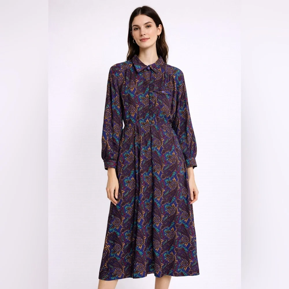 Vintage 80’s Raoul Large Retro Bold Colorful Paisley Collared Midi Dress Western - Picture 2 of 13